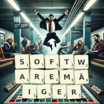 Kreative Illustration für ein Scrabble-Spiel, bei dem das Wort SOFTWAREMÄIGER mit Steinen auf dem Brett gelegt wurde.