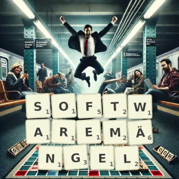 Kreative Illustration für ein Scrabble-Spiel, bei dem das Wort SOFTWAREMÄNGEL mit Steinen auf dem Brett gelegt wurde.