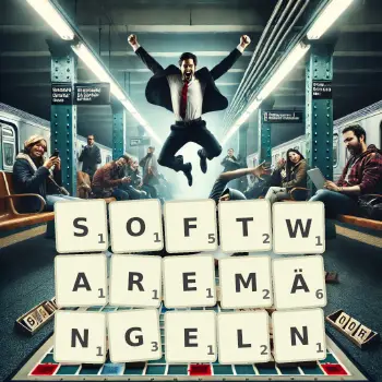 Kreative Illustration für ein Scrabble-Spiel, bei dem das Wort SOFTWAREMÄNGELN mit Steinen auf dem Brett gelegt wurde.