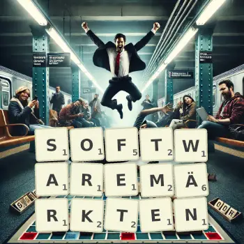 Kreative Illustration für ein Scrabble-Spiel, bei dem das Wort SOFTWAREMÄRKTEN mit Steinen auf dem Brett gelegt wurde.