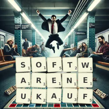 Kreative Illustration für ein Scrabble-Spiel, bei dem das Wort SOFTWARENEUKAUF mit Steinen auf dem Brett gelegt wurde.