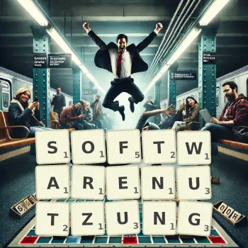 Kreative Illustration für ein Scrabble-Spiel, bei dem das Wort SOFTWARENUTZUNG mit Steinen auf dem Brett gelegt wurde.