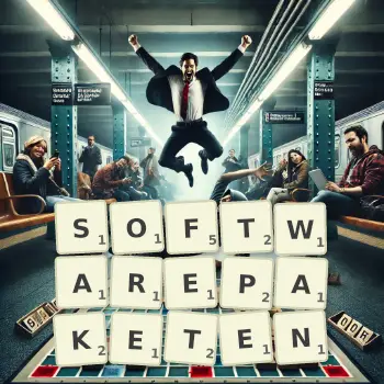 Kreative Illustration für ein Scrabble-Spiel, bei dem das Wort SOFTWAREPAKETEN mit Steinen auf dem Brett gelegt wurde.