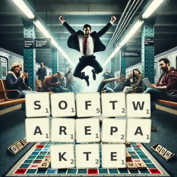 Kreative Illustration für ein Scrabble-Spiel, bei dem das Wort SOFTWAREPAKTE mit Steinen auf dem Brett gelegt wurde.