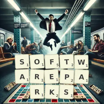 Kreative Illustration für ein Scrabble-Spiel, bei dem das Wort SOFTWAREPARKS mit Steinen auf dem Brett gelegt wurde.