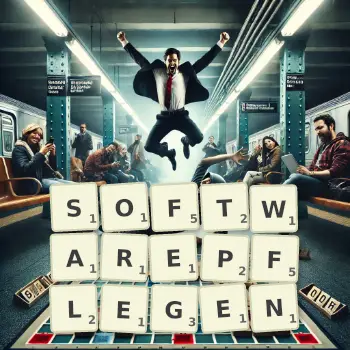 Kreative Illustration für ein Scrabble-Spiel, bei dem das Wort SOFTWAREPFLEGEN mit Steinen auf dem Brett gelegt wurde.