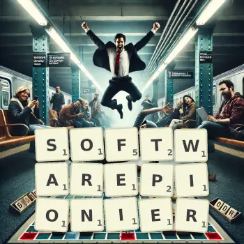 Kreative Illustration für ein Scrabble-Spiel, bei dem das Wort SOFTWAREPIONIER mit Steinen auf dem Brett gelegt wurde.