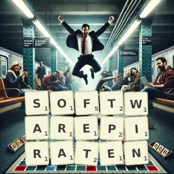 Kreative Illustration für ein Scrabble-Spiel, bei dem das Wort SOFTWAREPIRATEN mit Steinen auf dem Brett gelegt wurde.