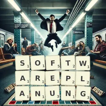 Kreative Illustration für ein Scrabble-Spiel, bei dem das Wort SOFTWAREPLANUNG mit Steinen auf dem Brett gelegt wurde.