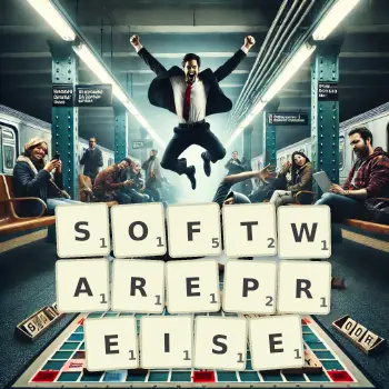 Kreative Illustration für ein Scrabble-Spiel, bei dem das Wort SOFTWAREPREISE mit Steinen auf dem Brett gelegt wurde.