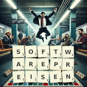 Kreative Illustration für ein Scrabble-Spiel, bei dem das Wort SOFTWAREPREISEN mit Steinen auf dem Brett gelegt wurde.