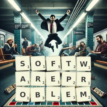 Kreative Illustration für ein Scrabble-Spiel, bei dem das Wort SOFTWAREPROBLEM mit Steinen auf dem Brett gelegt wurde.