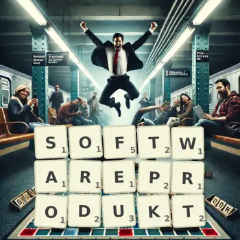 Kreative Illustration für ein Scrabble-Spiel, bei dem das Wort SOFTWAREPRODUKT mit Steinen auf dem Brett gelegt wurde.