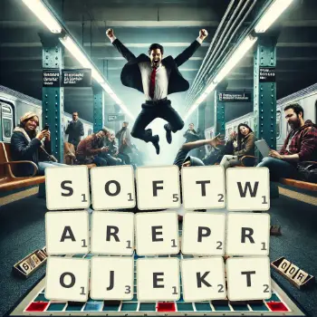 Kreative Illustration für ein Scrabble-Spiel, bei dem das Wort SOFTWAREPROJEKT mit Steinen auf dem Brett gelegt wurde.
