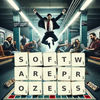 Kreative Illustration für ein Scrabble-Spiel, bei dem das Wort SOFTWAREPROZESS mit Steinen auf dem Brett gelegt wurde.