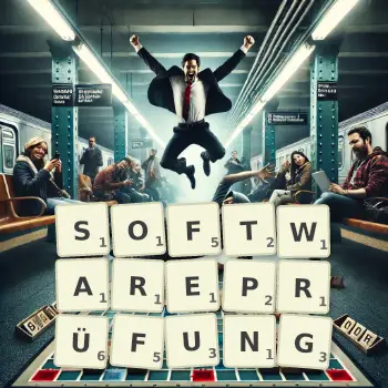 Kreative Illustration für ein Scrabble-Spiel, bei dem das Wort SOFTWAREPRÜFUNG mit Steinen auf dem Brett gelegt wurde.