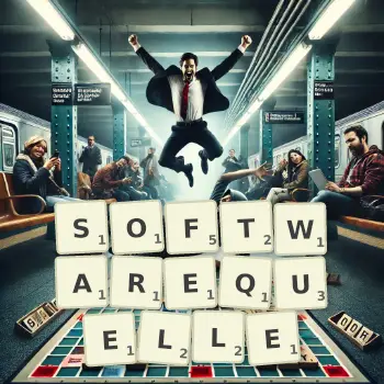 Kreative Illustration für ein Scrabble-Spiel, bei dem das Wort SOFTWAREQUELLE mit Steinen auf dem Brett gelegt wurde.