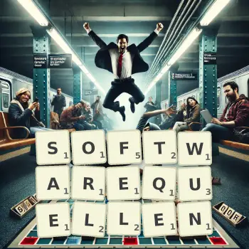 Kreative Illustration für ein Scrabble-Spiel, bei dem das Wort SOFTWAREQUELLEN mit Steinen auf dem Brett gelegt wurde.