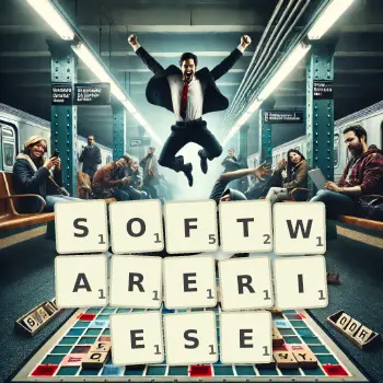 Kreative Illustration für ein Scrabble-Spiel, bei dem das Wort SOFTWARERIESE mit Steinen auf dem Brett gelegt wurde.
