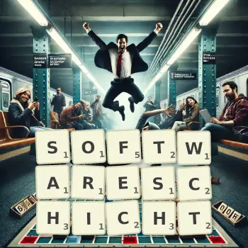 Kreative Illustration für ein Scrabble-Spiel, bei dem das Wort SOFTWARESCHICHT mit Steinen auf dem Brett gelegt wurde.