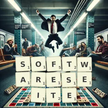 Kreative Illustration für ein Scrabble-Spiel, bei dem das Wort SOFTWARESEITE mit Steinen auf dem Brett gelegt wurde.