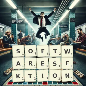 Kreative Illustration für ein Scrabble-Spiel, bei dem das Wort SOFTWARESEKTION mit Steinen auf dem Brett gelegt wurde.