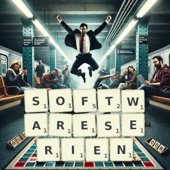 Kreative Illustration für ein Scrabble-Spiel, bei dem das Wort SOFTWARESERIEN mit Steinen auf dem Brett gelegt wurde.