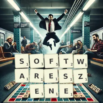 Kreative Illustration für ein Scrabble-Spiel, bei dem das Wort SOFTWARESZENE mit Steinen auf dem Brett gelegt wurde.