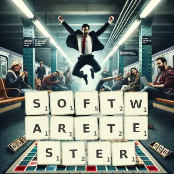 Kreative Illustration für ein Scrabble-Spiel, bei dem das Wort SOFTWARETESTER mit Steinen auf dem Brett gelegt wurde.