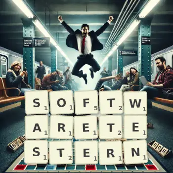 Kreative Illustration für ein Scrabble-Spiel, bei dem das Wort SOFTWARETESTERN mit Steinen auf dem Brett gelegt wurde.