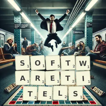 Kreative Illustration für ein Scrabble-Spiel, bei dem das Wort SOFTWARETITELS mit Steinen auf dem Brett gelegt wurde.