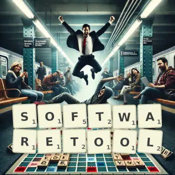 Kreative Illustration für ein Scrabble-Spiel, bei dem das Wort SOFTWARETOOL mit Steinen auf dem Brett gelegt wurde.