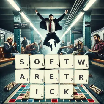 Kreative Illustration für ein Scrabble-Spiel, bei dem das Wort SOFTWARETRICK mit Steinen auf dem Brett gelegt wurde.