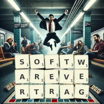 Kreative Illustration für ein Scrabble-Spiel, bei dem das Wort SOFTWAREVERTRAG mit Steinen auf dem Brett gelegt wurde.