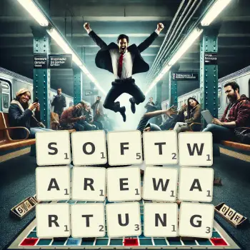 Kreative Illustration für ein Scrabble-Spiel, bei dem das Wort SOFTWAREWARTUNG mit Steinen auf dem Brett gelegt wurde.