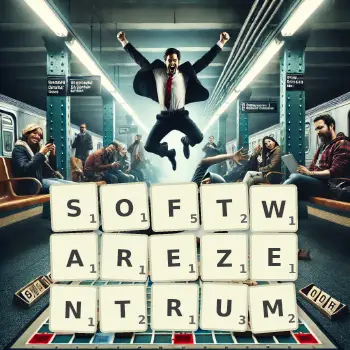 Kreative Illustration für ein Scrabble-Spiel, bei dem das Wort SOFTWAREZENTRUM mit Steinen auf dem Brett gelegt wurde.