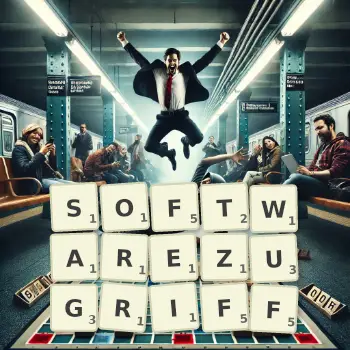 Kreative Illustration für ein Scrabble-Spiel, bei dem das Wort SOFTWAREZUGRIFF mit Steinen auf dem Brett gelegt wurde.