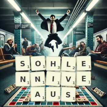 Kreative Illustration für ein Scrabble-Spiel, bei dem das Wort SOHLENNIVEAUS mit Steinen auf dem Brett gelegt wurde.