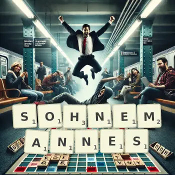 Kreative Illustration für ein Scrabble-Spiel, bei dem das Wort SOHNEMANNES mit Steinen auf dem Brett gelegt wurde.