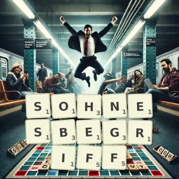 Kreative Illustration für ein Scrabble-Spiel, bei dem das Wort SOHNESBEGRIFF mit Steinen auf dem Brett gelegt wurde.