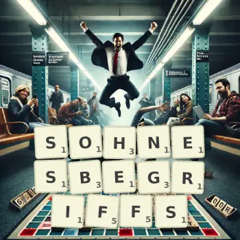 Kreative Illustration für ein Scrabble-Spiel, bei dem das Wort SOHNESBEGRIFFS mit Steinen auf dem Brett gelegt wurde.