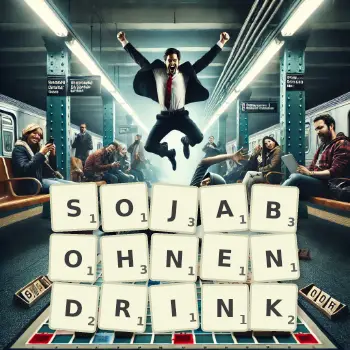 Kreative Illustration für ein Scrabble-Spiel, bei dem das Wort SOJABOHNENDRINK mit Steinen auf dem Brett gelegt wurde.