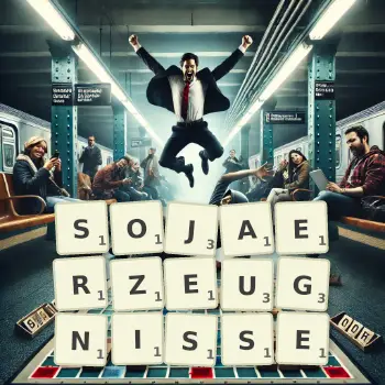Kreative Illustration für ein Scrabble-Spiel, bei dem das Wort SOJAERZEUGNISSE mit Steinen auf dem Brett gelegt wurde.
