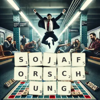 Kreative Illustration für ein Scrabble-Spiel, bei dem das Wort SOJAFORSCHUNG mit Steinen auf dem Brett gelegt wurde.