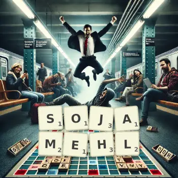 Kreative Illustration für ein Scrabble-Spiel, bei dem das Wort SOJAMEHL mit Steinen auf dem Brett gelegt wurde.