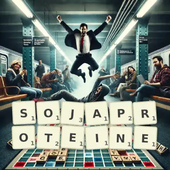 Kreative Illustration für ein Scrabble-Spiel, bei dem das Wort SOJAPROTEINE mit Steinen auf dem Brett gelegt wurde.