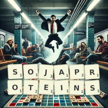 Kreative Illustration für ein Scrabble-Spiel, bei dem das Wort SOJAPROTEINS mit Steinen auf dem Brett gelegt wurde.