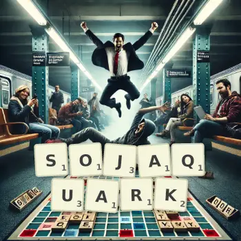 Kreative Illustration für ein Scrabble-Spiel, bei dem das Wort SOJAQUARK mit Steinen auf dem Brett gelegt wurde.
