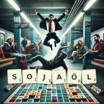 Kreative Illustration für ein Scrabble-Spiel, bei dem das Wort SOJAÖL mit Steinen auf dem Brett gelegt wurde.