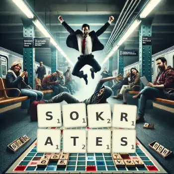 Kreative Illustration für ein Scrabble-Spiel, bei dem das Wort SOKRATES mit Steinen auf dem Brett gelegt wurde.